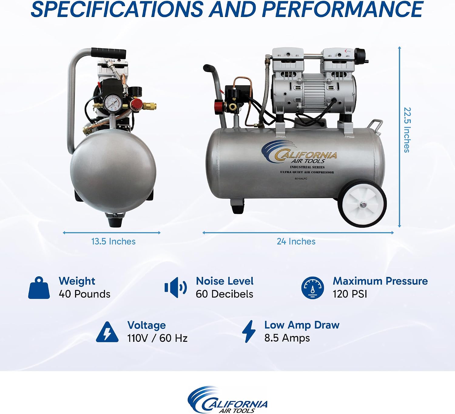 California Air Tools 8010ALFC 1.0 HP Ultra Quiet and Oil-Free Air Compressor, 8 Gallon Aluminum Tank, Lightweight with Wheels, 60 dBA Noise Level, Industrial Series