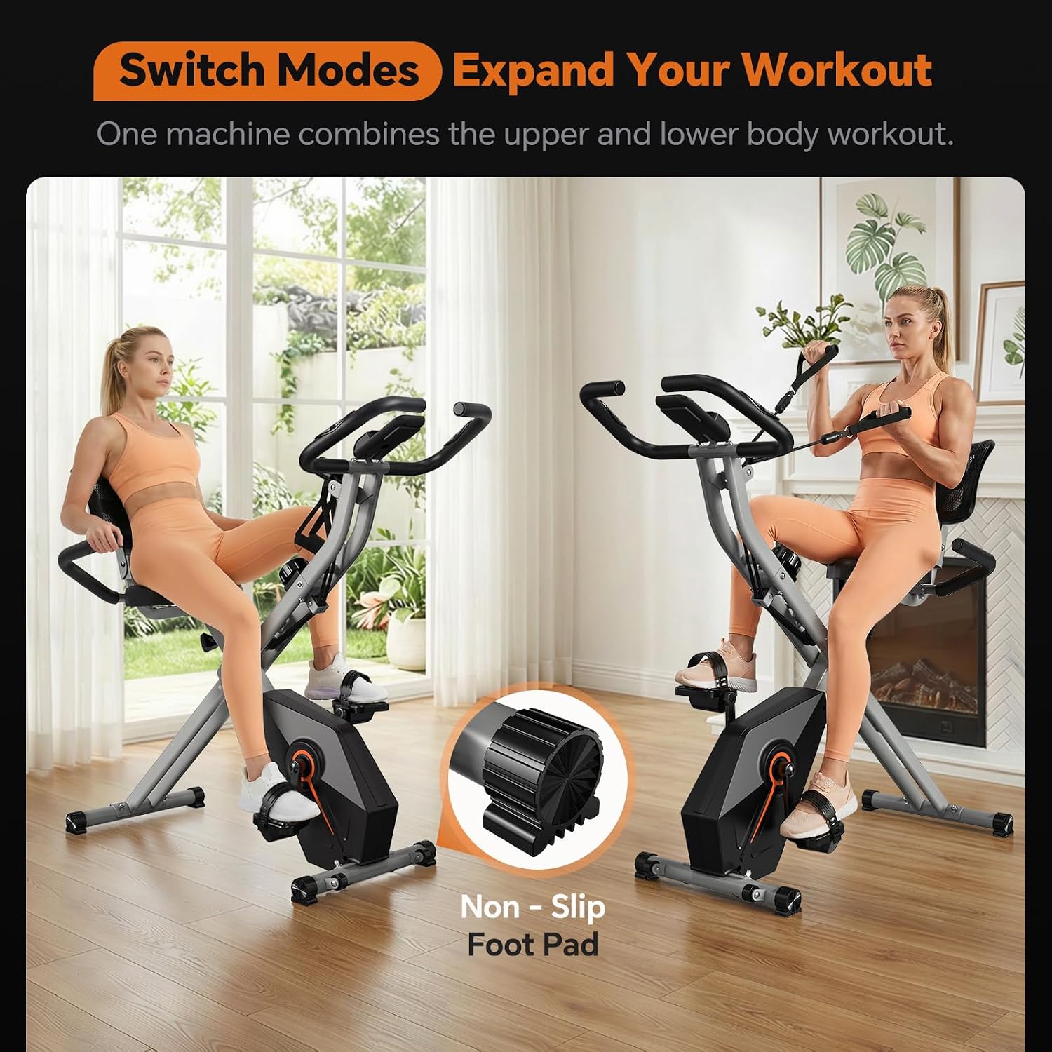 USLIM Foldable Exercise Bike Stationary Bikes for Home, 5 IN 1 Indoor Workout Bike, Cycling Bike with 16-Level Quiet Magnetic Resistance, 6.6 LBS Flywheel and 300LBS Capacity for Senior and Home Workout
