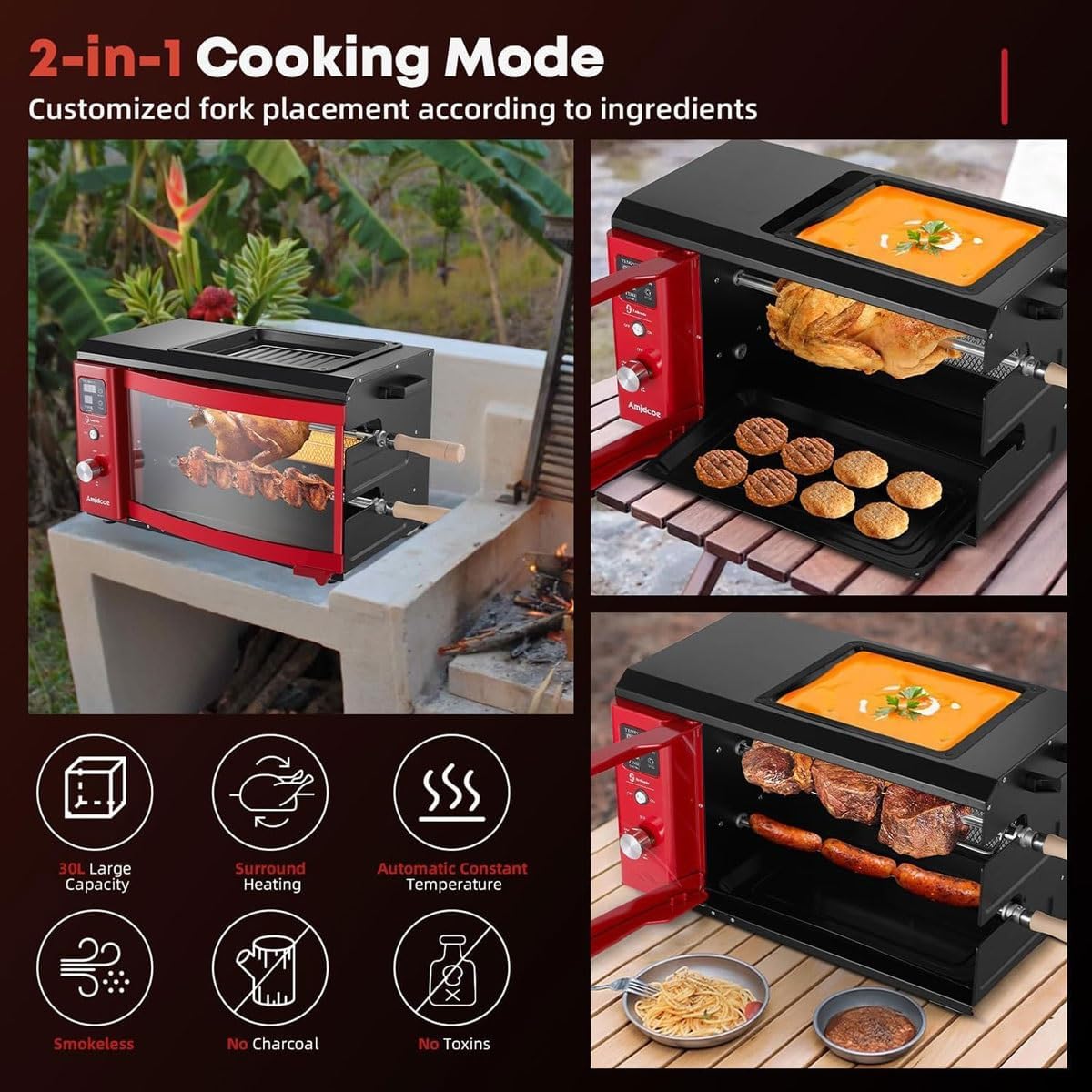 Auto Rotating Kebab Skewer Machine, 2 Layer Rotating Propane Rotisserie Grill with Electric Griddle, Smokeless Electric Grill Doner Kebab Fish Skewer Machine for Brazilian BBQ, Chicken,Steak