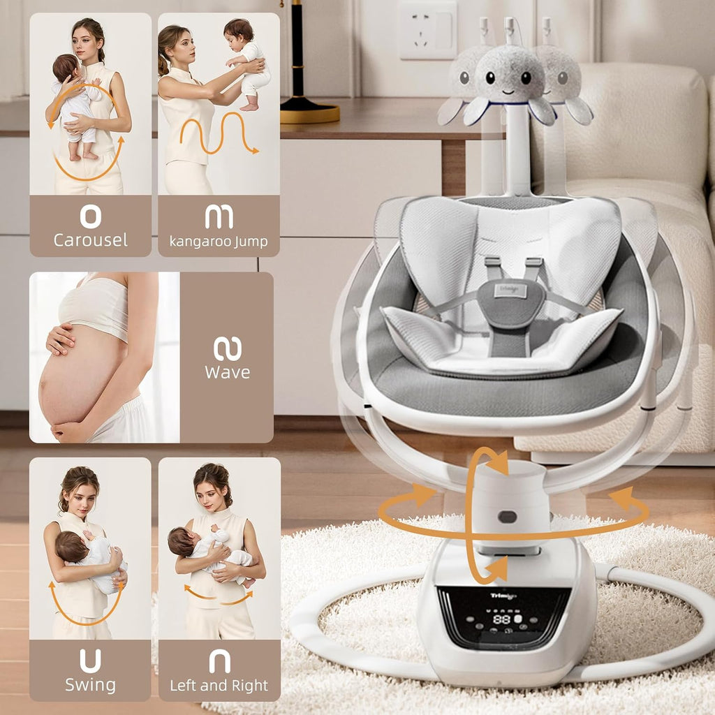 Trimigo Baby Swings for Infants to Toddler, 180° Adjustable 3D Electric Baby Swing, Remote,5-Modes,4-Speed,3-Seat Height, 8 Melody, Newborn Swings,Infant Swings for Babies 0-12 Month (Grey)