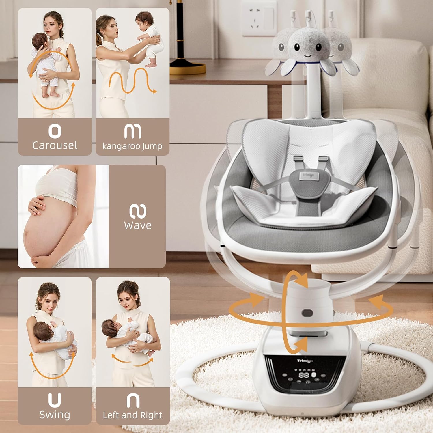 Trimigo Baby Swings for Infants to Toddler, 180° Adjustable 3D Electric Baby Swing, Remote,5-Modes,4-Speed,3-Seat Height, 8 Melody, Newborn Swings,Infant Swings for Babies 0-12 Month (Grey)