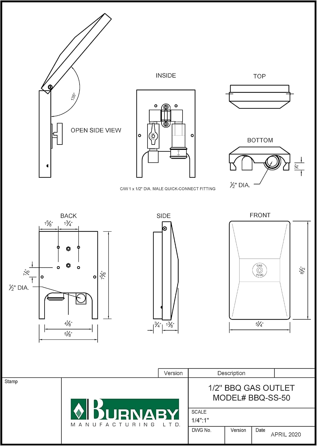 Burnaby Manufacturing Ltd BBQ Gas Outlet, 1/2' NPT Inlet, 1/2' Quick Disconnect Outlet