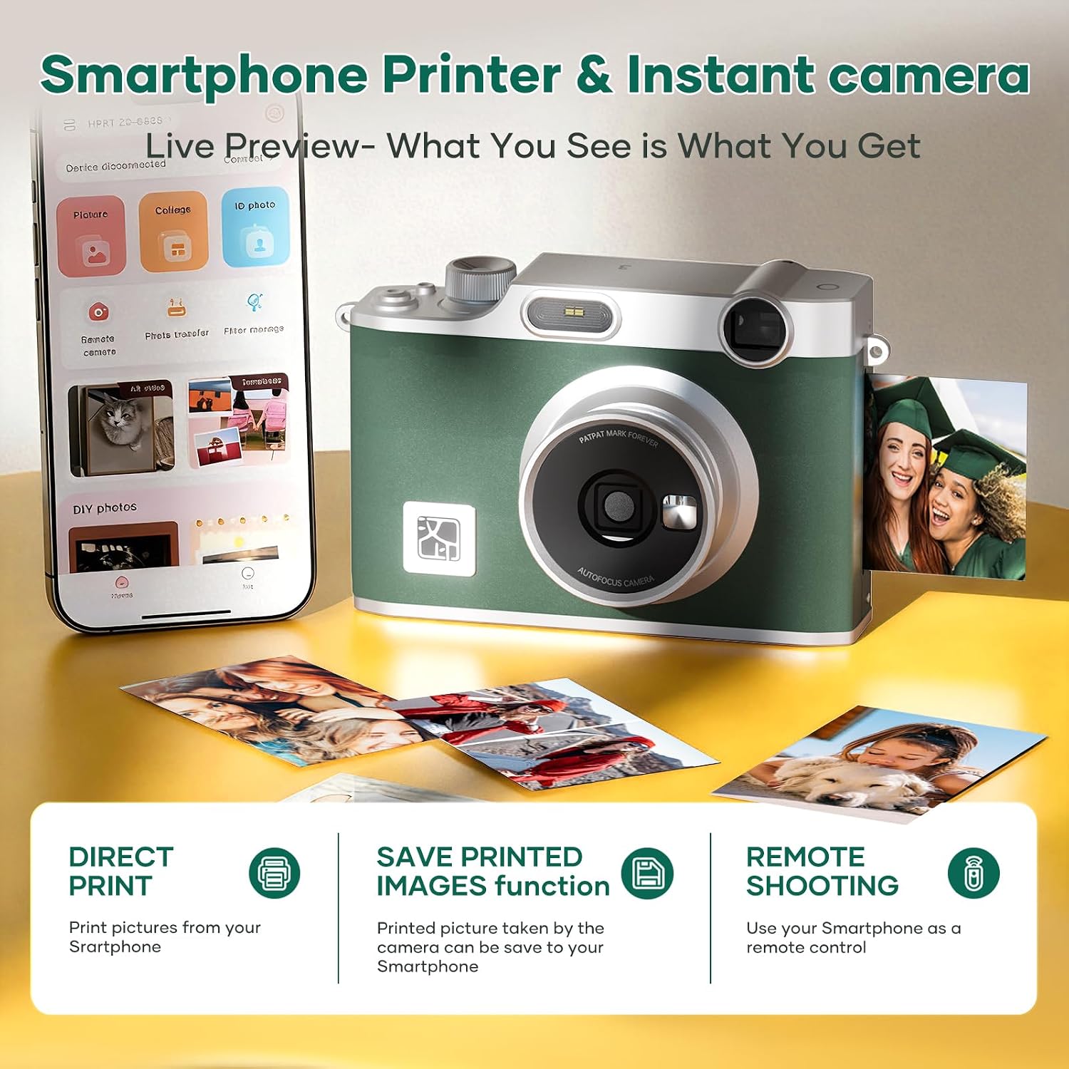 iDPRT Hanin Instant Print Camera, Instant Film Camera, Wireless Bluetooth Photo Printer + 10 Sheets Photo Paper, Portable Instant Cameras that Print Photos for Christmas/Birthday/Travel/Party