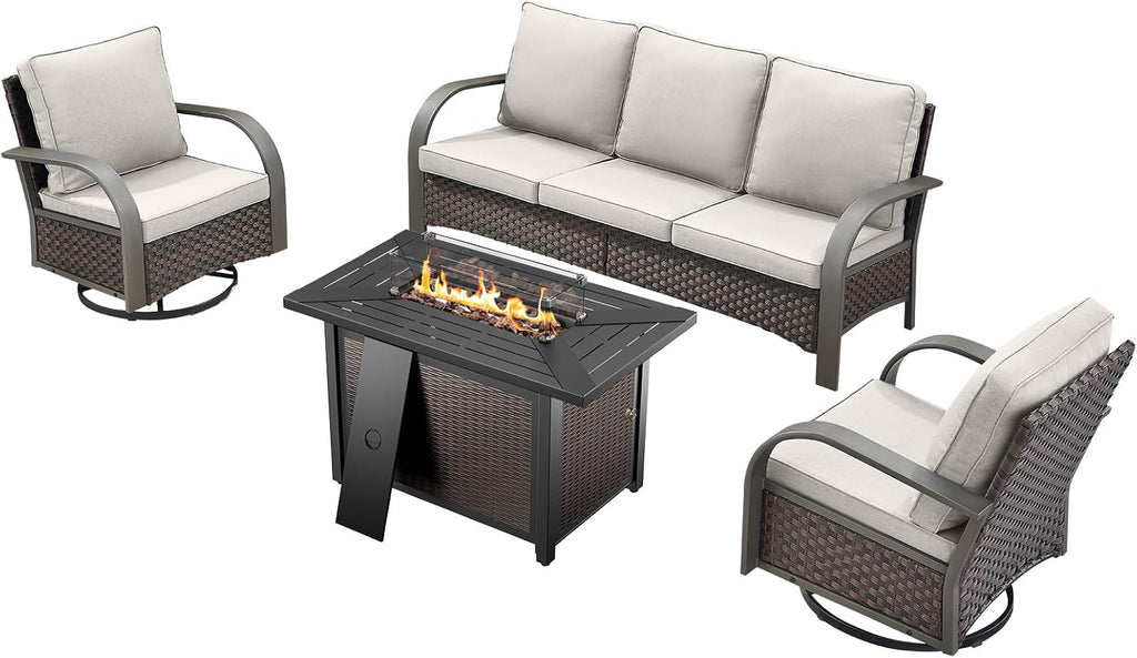 HUMMUH Patio Furniture Set with Fire Pit-Outdoor Swivel Glider Rocking Chair with Patio Sofa Outdoor Conversation Furniture for Deck Porch Garden Poolside Backyard-Brown/Beige