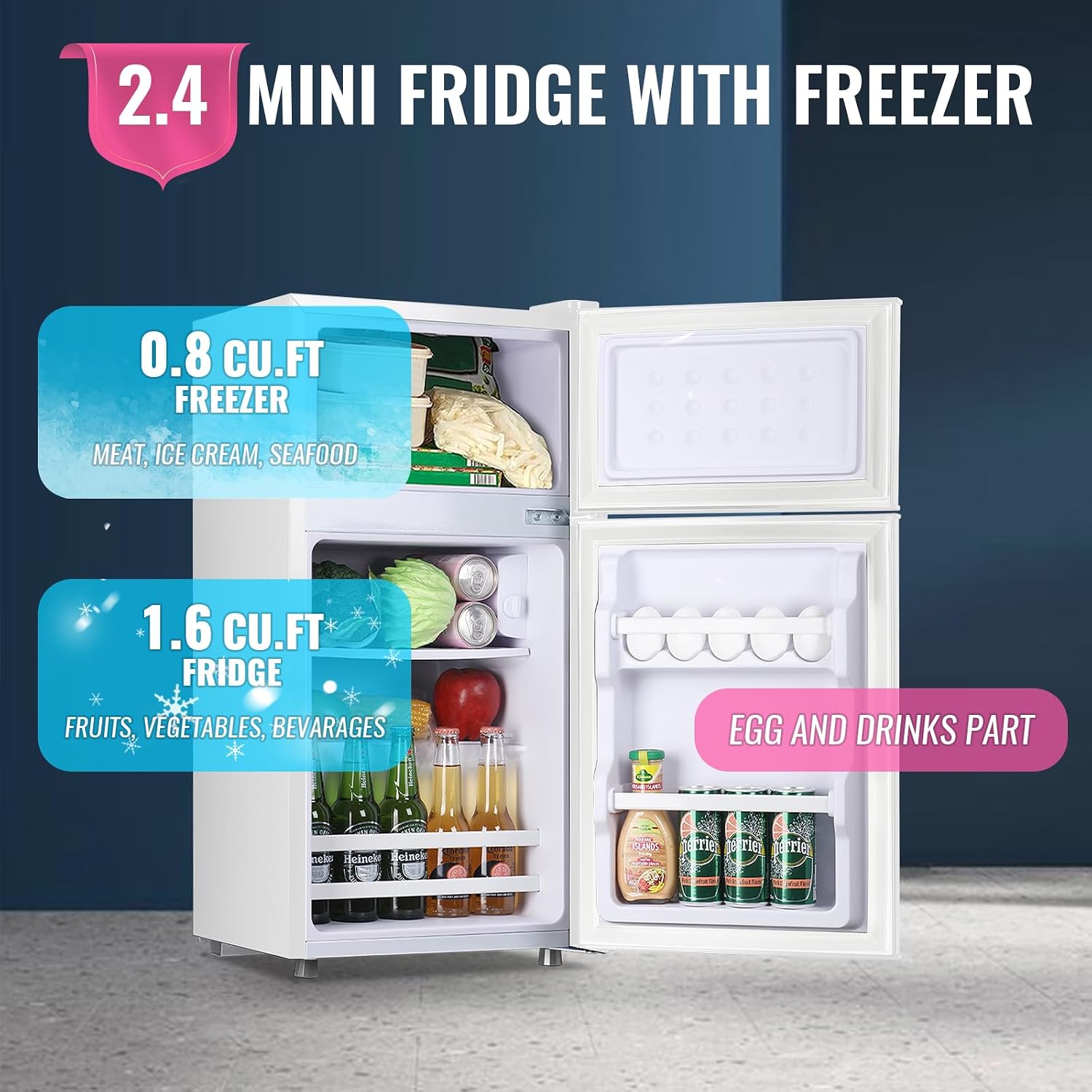 DEMULLER Retro Mini Fridge with Freezer Dual Door Apartment Size Small Refrigerator with Egg Tray, Dorm Fridge with Removable Plastic Shelves, 2.4Cu.ft, 14.96' D x 14.57' W x 30.8' H, White