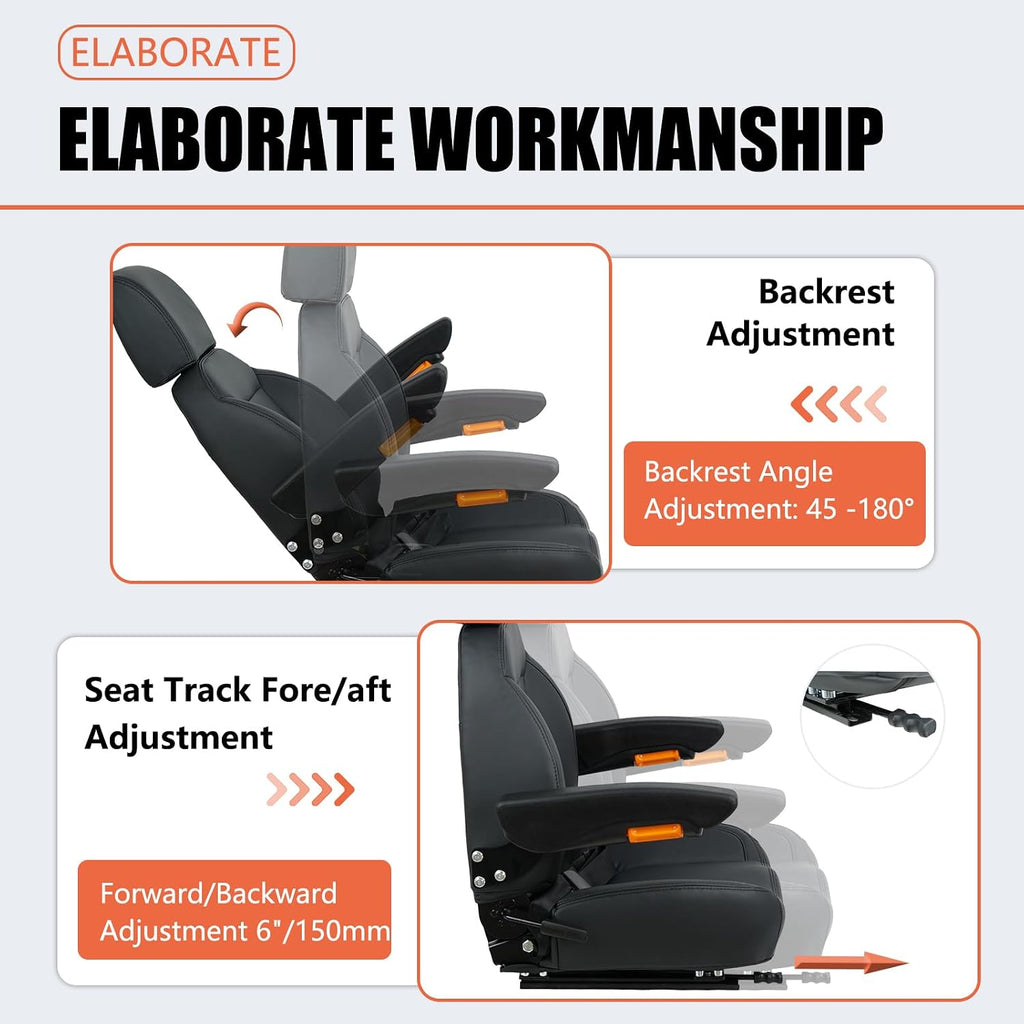 Universal Tractor Seat, Forklift Seat with Seatbelt and Adjustable Backrest Headrest Armrests for Boat Excavator Harvester Loader Backhoe Dozer Telehandler(Black)