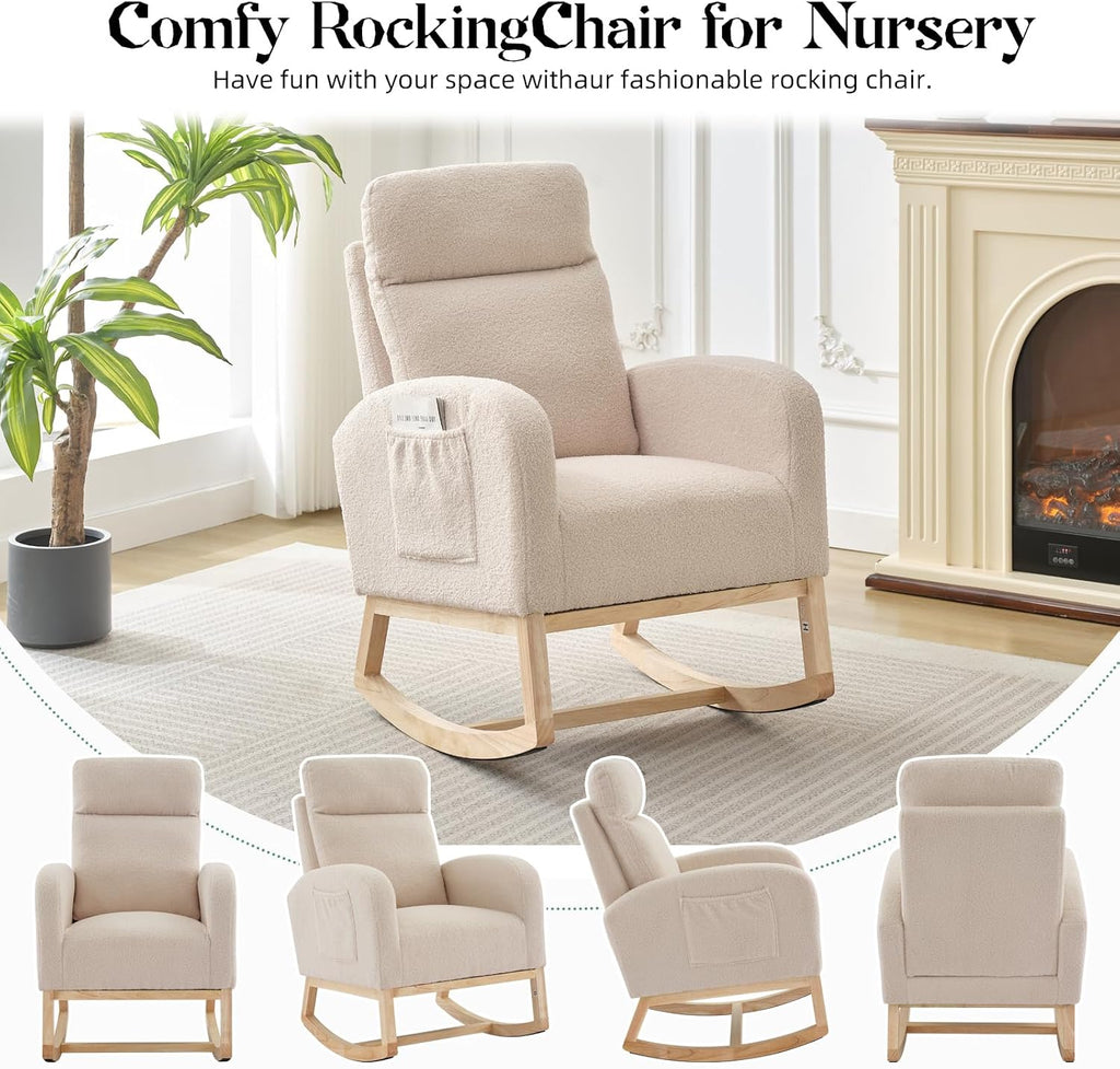 Nursery Rocking Chair, Comfy Modern Glider Rocking Chair with High Backrest and Armrest, Teddy Upholstered Rocking Accent Chair with Side Pockets for Living Room, Bedroom, Office,Beige