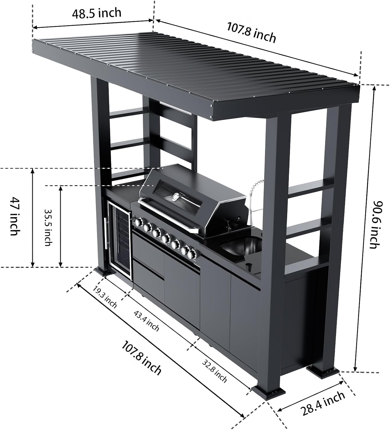 REDNGO 108-Inch 6-Burner 85000 BTU Stainless Steel Propane Gas Grill Outdoor Kitchen Island with Canopy,648Sq.In Cooking Area,Wine Cooler,Refrigerator,Rotisserie,for Backyard BBQ,Black