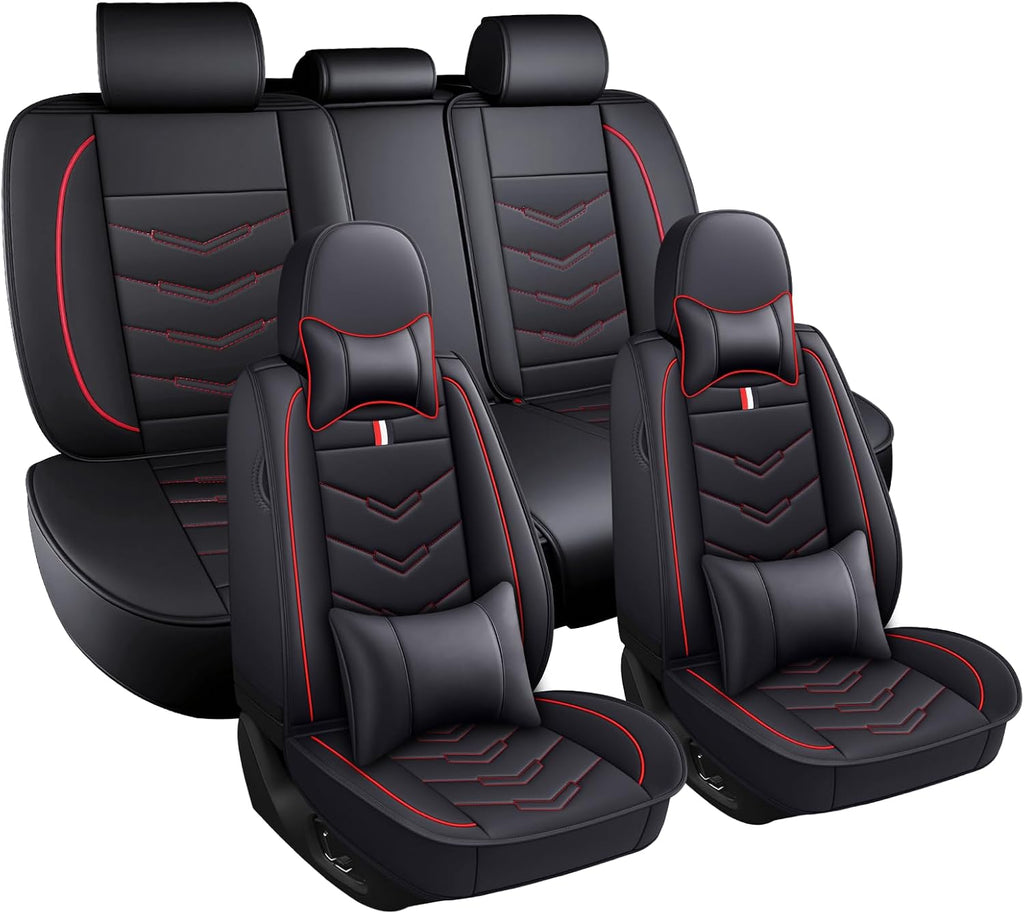 Car Seat Covers Fit for Toyota Highlander 2001-2025, Leather Seat Covers for Car, Waterproof Non-Slip Durable Car Seat Protector(5 Seats with Pillow,Black Red)