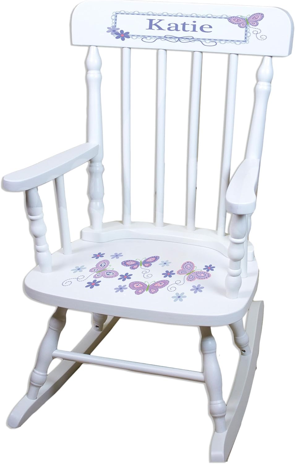 My Bambino Girl's Personalized White Wood Rocking Chair Toddler Baby Gift (Lavender Butterfly)