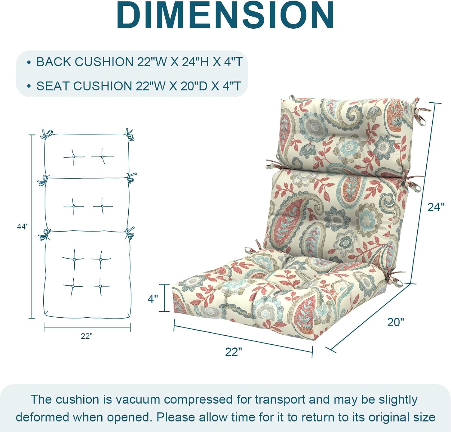 DYTXIII Outdoor High Back Chair Cushions Set of 2, Water Repellent Tufted Rocking Seat Cushions Replacement 44 x 22 Inch, Seat & Back Chair Pads for Patio, Balcony and Indoor Use -Paisley Vintage