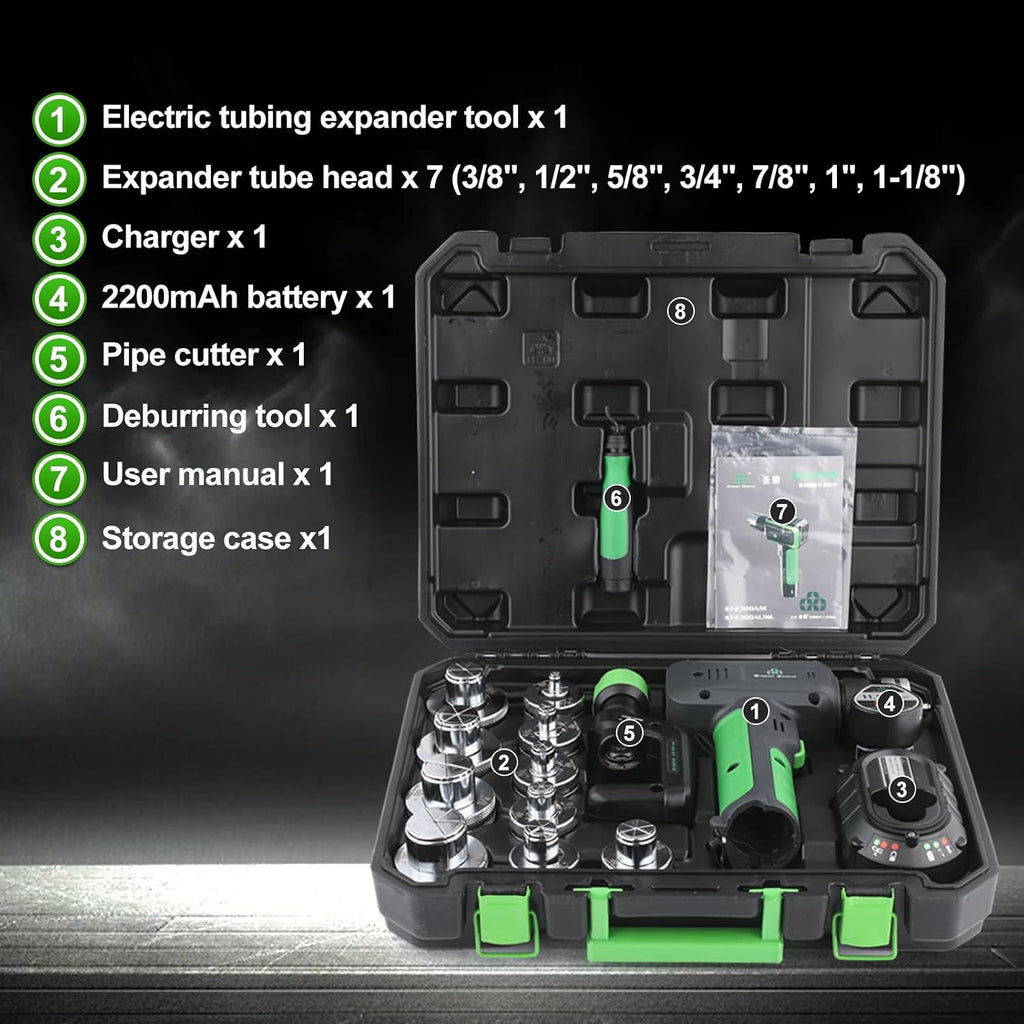 Electric Tubing Expander Swaging Tool Kit, with 2200mAh Powered, 7 Expander Heads for 3/8' to 1-1/8', Power HVAC Expander Tool with Tube Cutter, Deburring Tool for Copper Aluminum Pipes