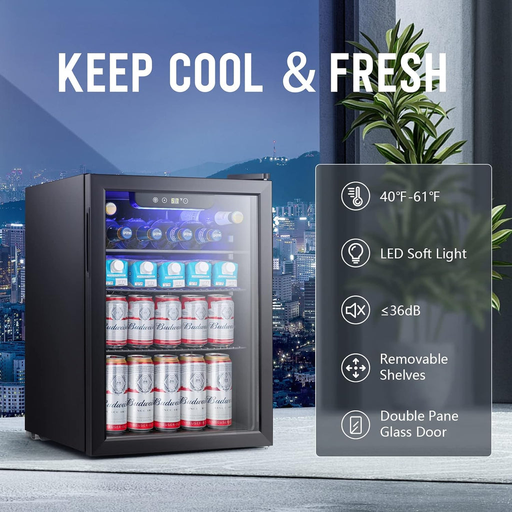 Antarctic Star 2.6cu.ft Mini Fridge 100 Can Beverage Refrigerator Wine Cooler/Cabinet Small Beer Soda Glass Door Counter Top Bar Fridge Freestanding Black