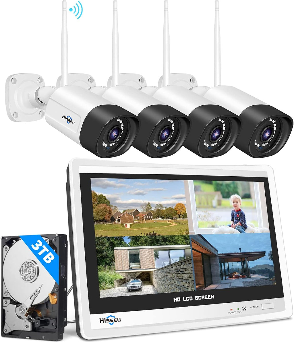Hiseeu 5MP Wireless Security Camera System with 12' LCD Monitor, 3TB HDD, 10CH 8MP NVR, 2-Way Audio, Color Night Vision, Motion Detection, 24/7 Recording, Expandable Home CCTV Kit, Plug & Play