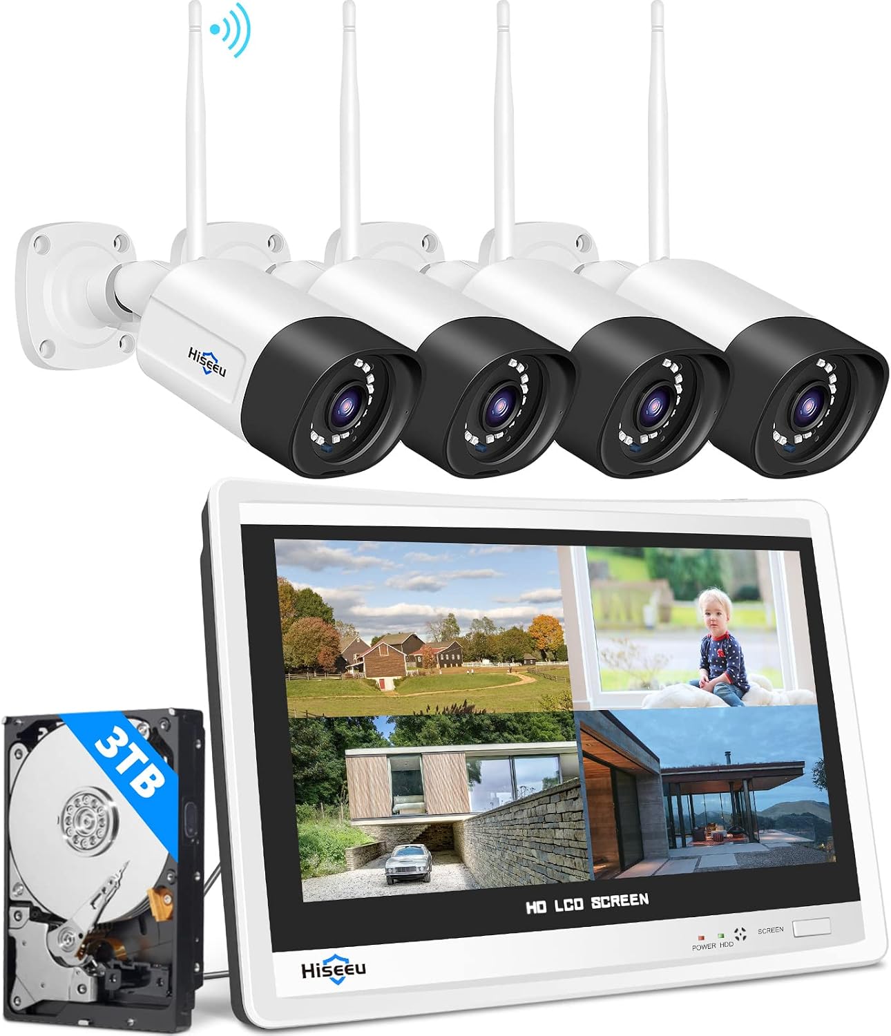 Hiseeu 5MP Wireless Security Camera System with 12' LCD Monitor, 3TB HDD, 10CH 8MP NVR, 2-Way Audio, Color Night Vision, Motion Detection, 24/7 Recording, Expandable Home CCTV Kit, Plug & Play