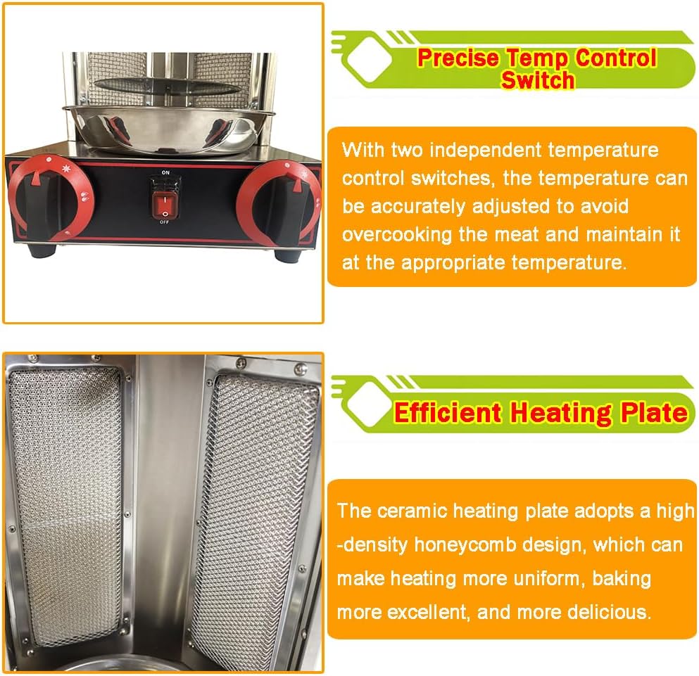 Shawarma Grill Machine Vertical Broiler LP Gas Turkish Barbecue Shawarma Rotisserie Countertop Rotating Doner Kebab Gyro Grill Oven with 2 Burners for Home Kitchen Restaurant Party