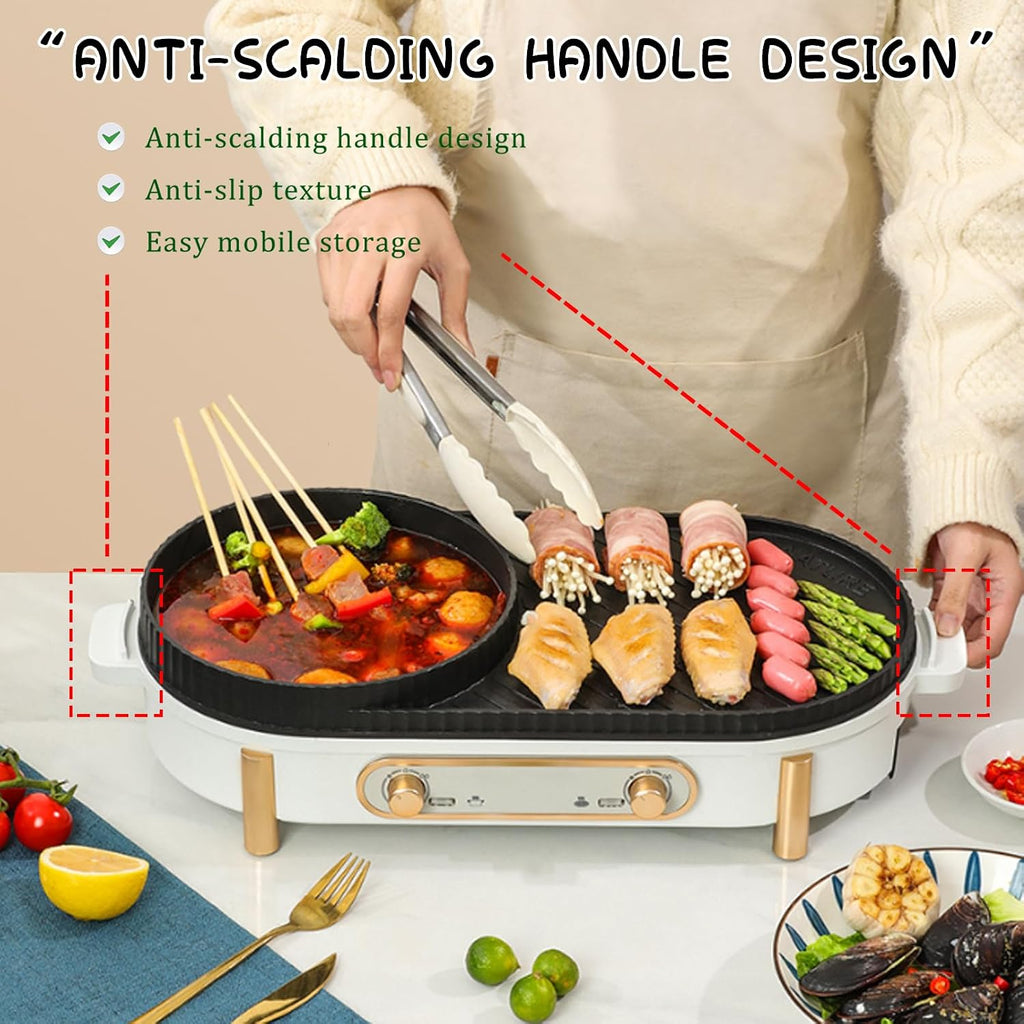 Household Electric Hot Pot with Grill, Teppanyaki Grill Pot and BBQ Pan, Independent Temperature Control, Non-stick Coating, Easy to Clean, For 2-4 People to Enjoy, 1700 W