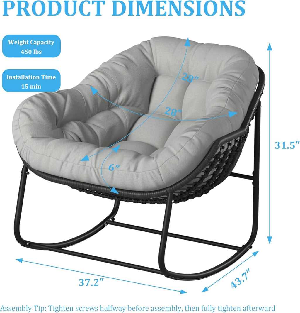 Rocking Chair Outdoor, Oversized Papasan Rocking Chair Indoor with 6' Thick Padded Cushion, Comfy Rattan Rocker Egg Chair for Patio, Backyard, Garden, Balcony, Lawn, Up To 450lbs, Light Gray