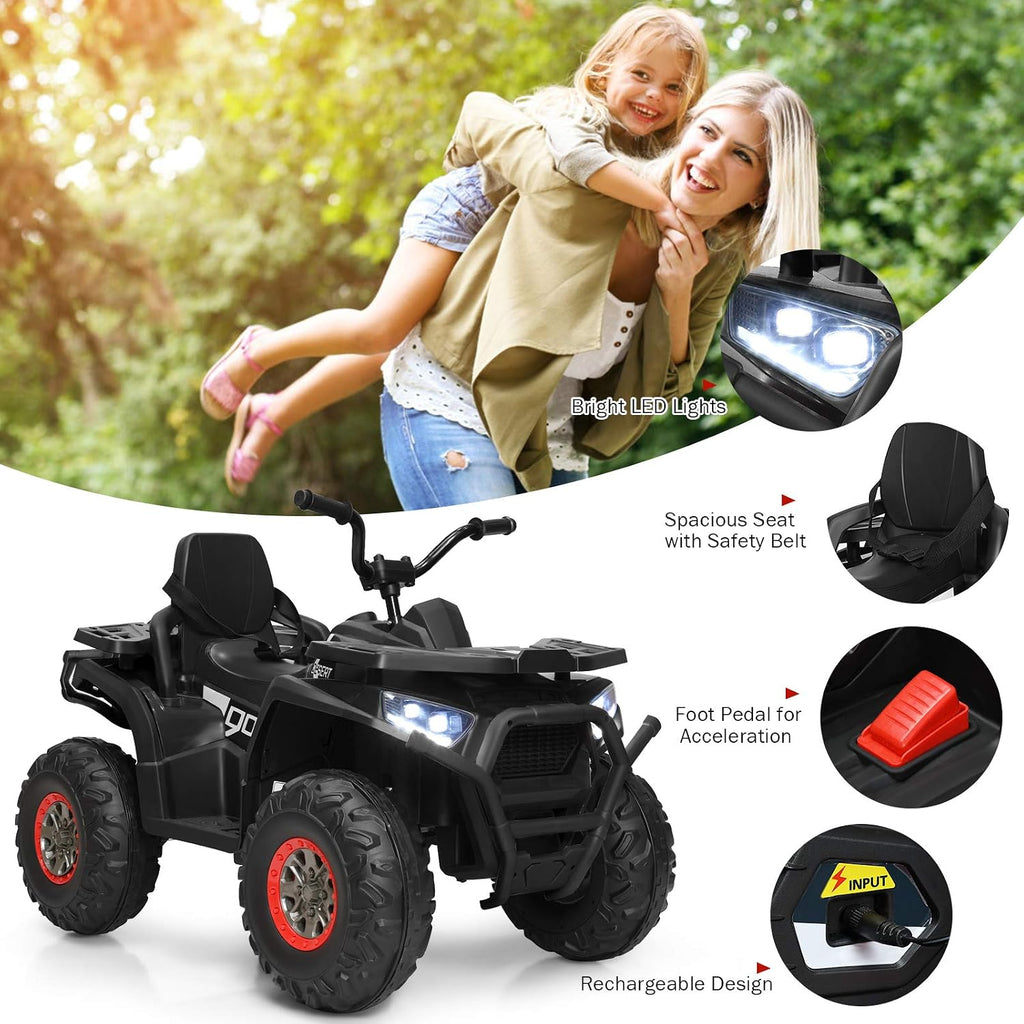 Costzon Kids ATV, 12V Battery Powered Electric Vehicle w/Safety Belt, LED Light, Music, Horn, 2 Speeds, USB/ MP3/TF, Treaded Tires, Ride on Car 4 Wheeler Quad for Boy & Girl Gift, Ride on ATV, Black