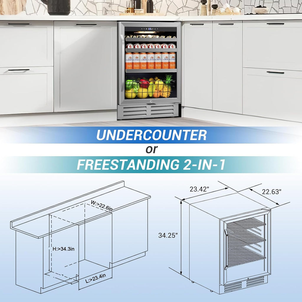 Velivi 24' Beverage Refrigerator Undercounter | 180 Can Capacity | Built-In Undercounter Cooler | Glass Door for Soda, Water, Beer | Home, Bar, or Office Use