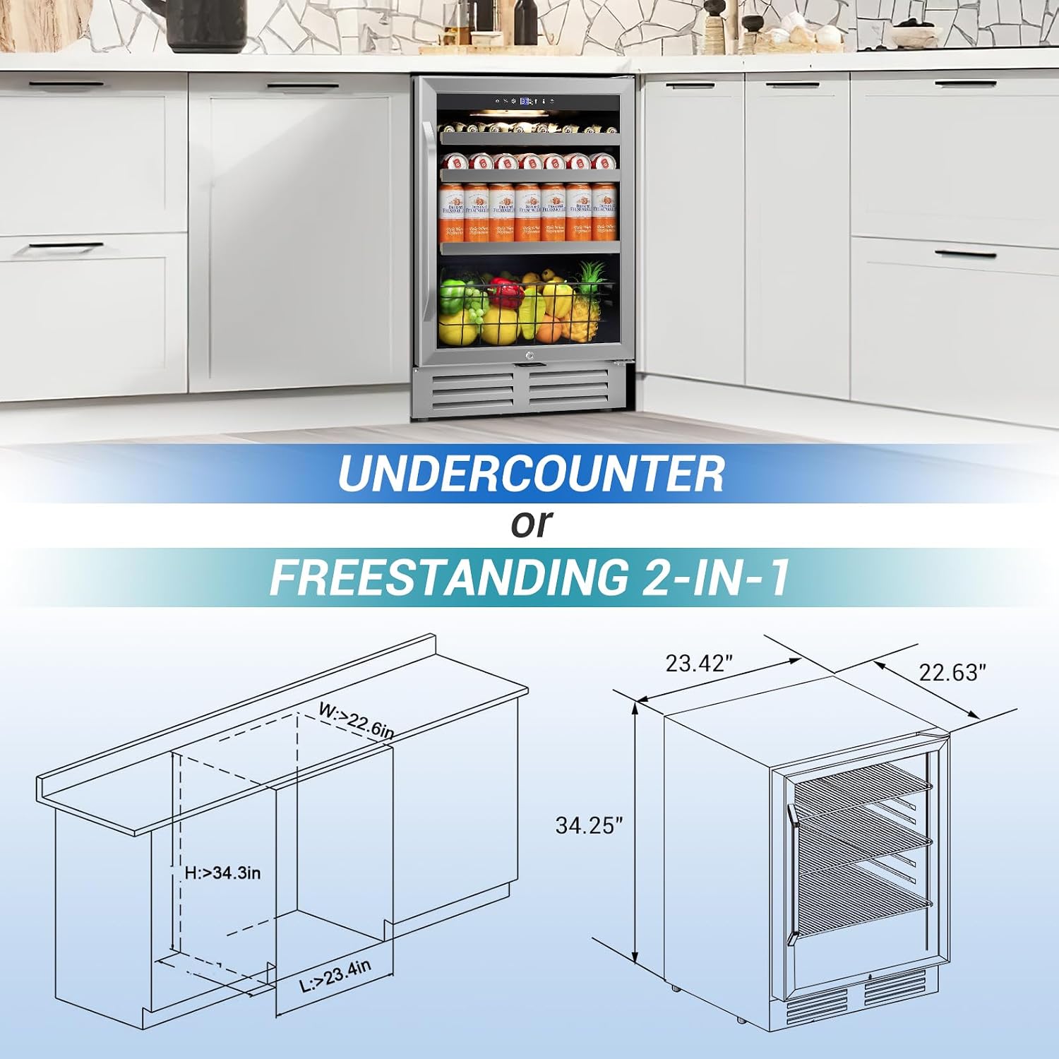 Velivi 24' Beverage Refrigerator Undercounter | 180 Can Capacity | Built-In Undercounter Cooler | Glass Door for Soda, Water, Beer | Home, Bar, or Office Use