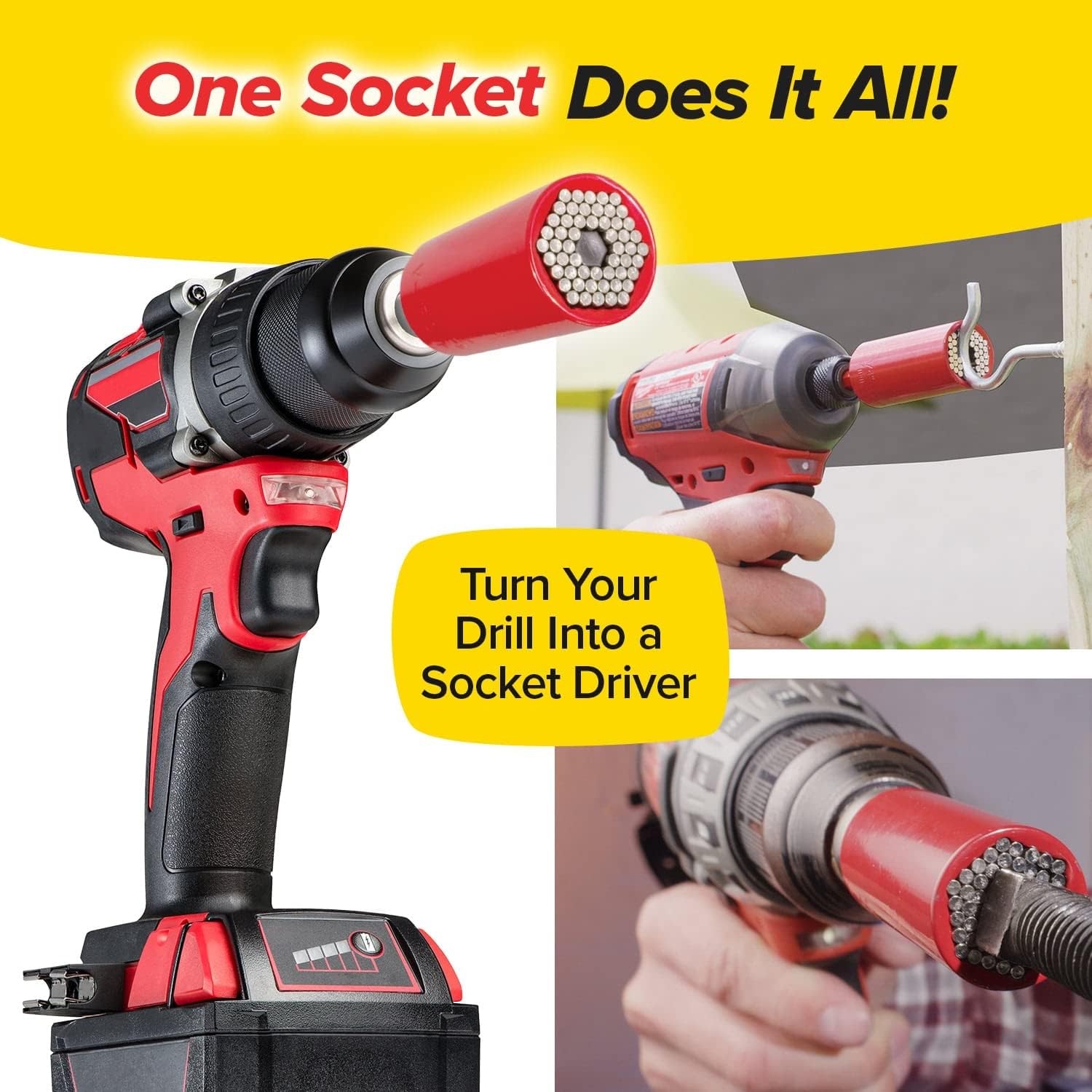 Red Dog Socket w/Drill Adapter, Fits Most Nuts & Bolts, Use with Socket Wrenches & Power Drills, Steel Rods Form Any Shape, Standard or Metric, 2 In. (Pack of 8)