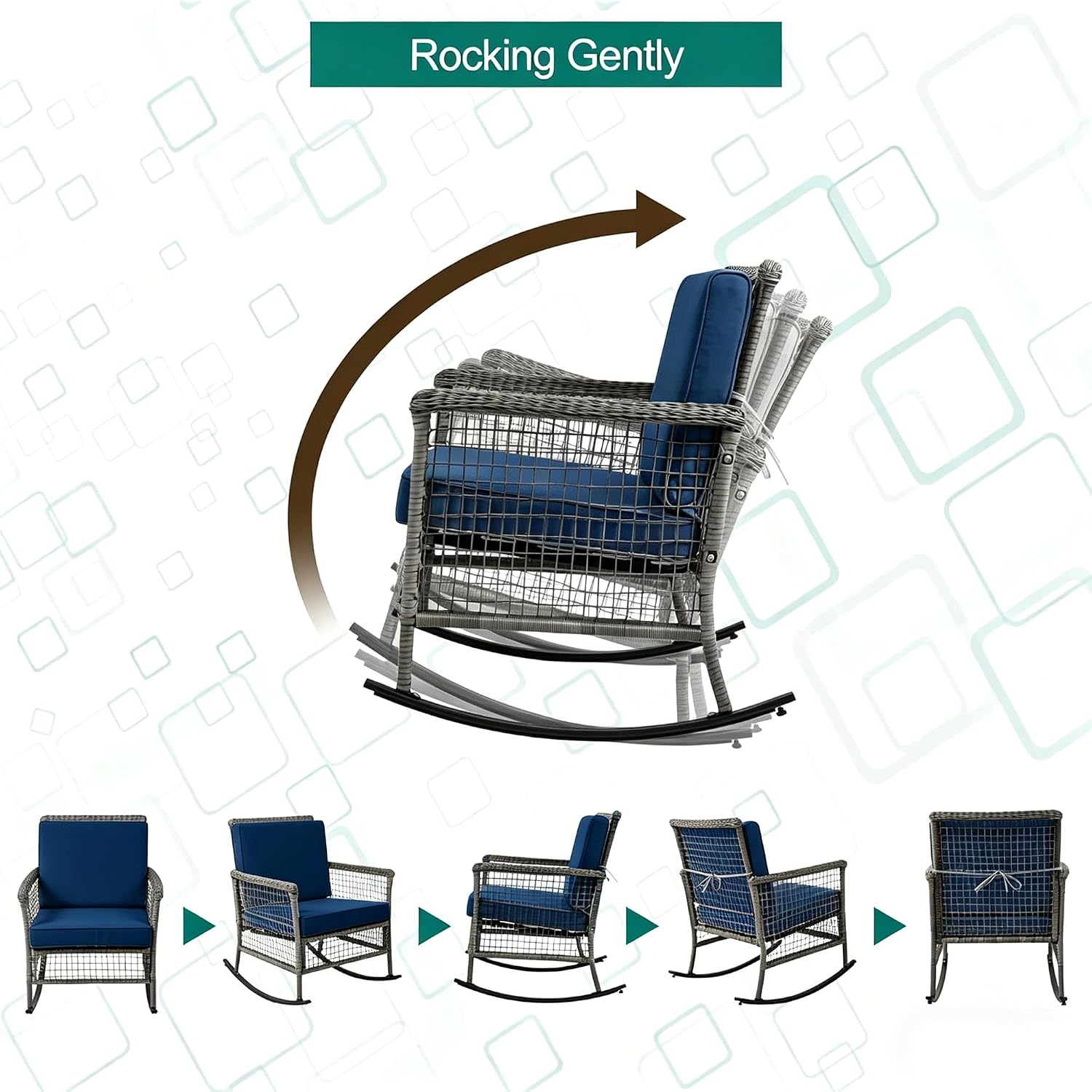 DECMICO 3-Piece Wicker Rocking Chair Set, Patio Bistro Furniture with Cushions & Side Table, Rattan Outdoor Conversation Bistro Set for Outdoor Use, Gray Rattan Navy Cushion