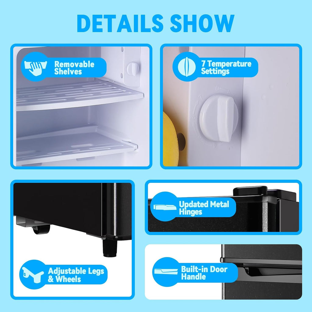 Mini Fridge with Freezer 2.4 Cu.ft Mini Refrigerator Freezer Double Doors 7 Modes Temp Suit for Apartment Bedroom Office Black