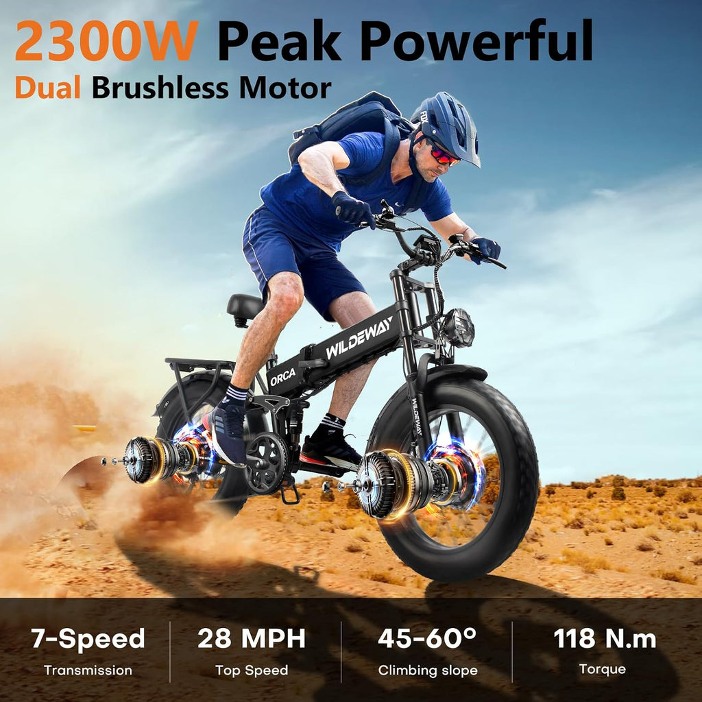 Wildeway Dual Motor 20' Fat Tire Electric Bike 2300W 20Ah Removable Battery 28 MPH Folding Ebike Off Road Mountain Full Suspension Long Range Foldable Electric Bicycle for Adults Men 2 Seat