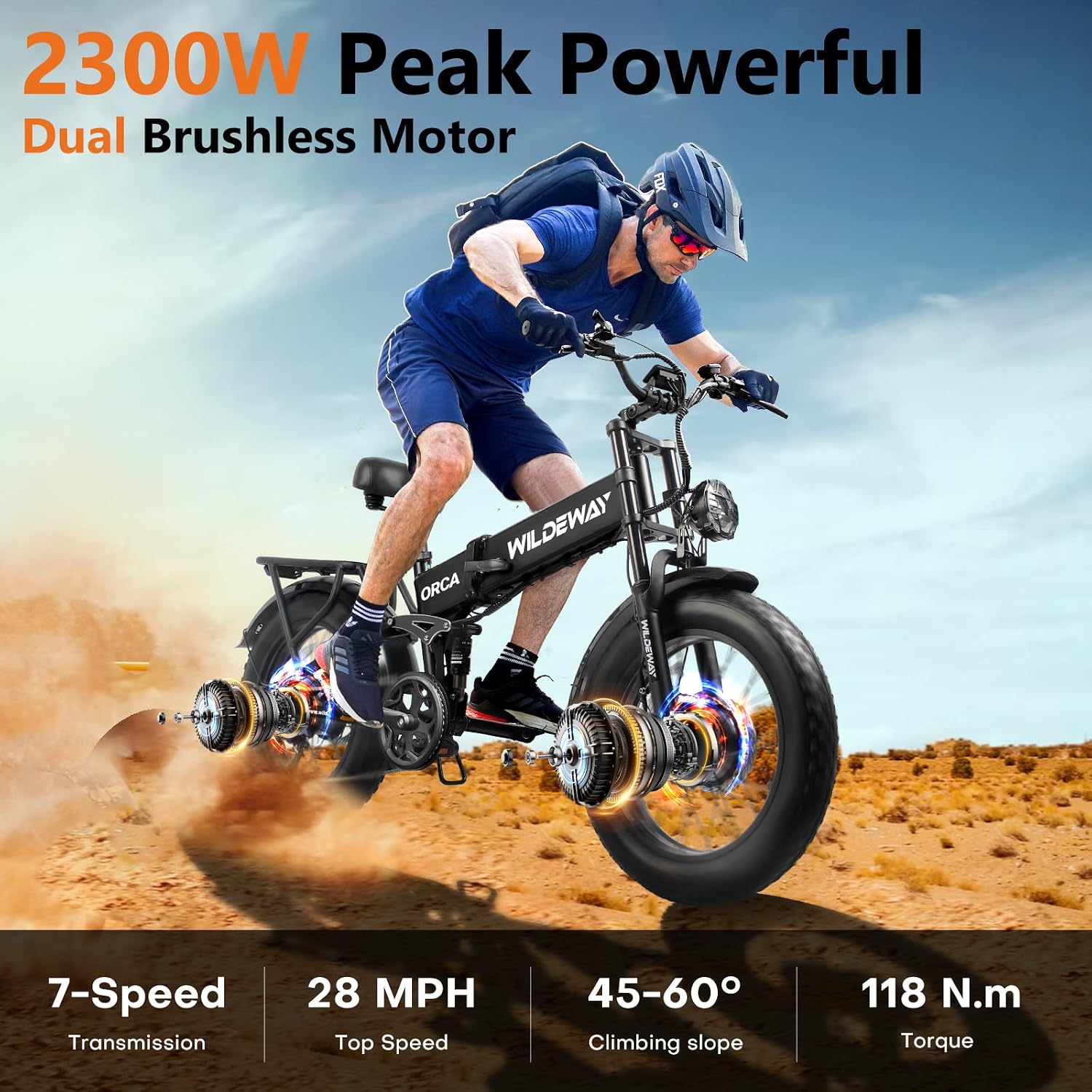 Wildeway Dual Motor 20' Fat Tire Electric Bike 2300W 20Ah Removable Battery 28 MPH Folding Ebike Off Road Mountain Full Suspension Long Range Foldable Electric Bicycle for Adults Men 2 Seat