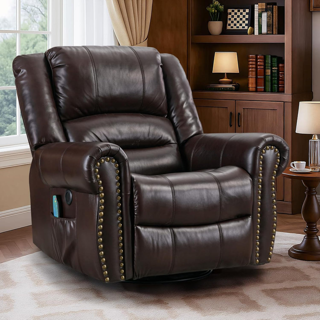 VIVIJASON Manual Rocker Recliner Chair, 360° Swivel Glider Rocking Chair with Heat & Vibration Massage, Faux Leather Reclining Chair with Remote Control, Side Pockets & USB Ports for Living Room