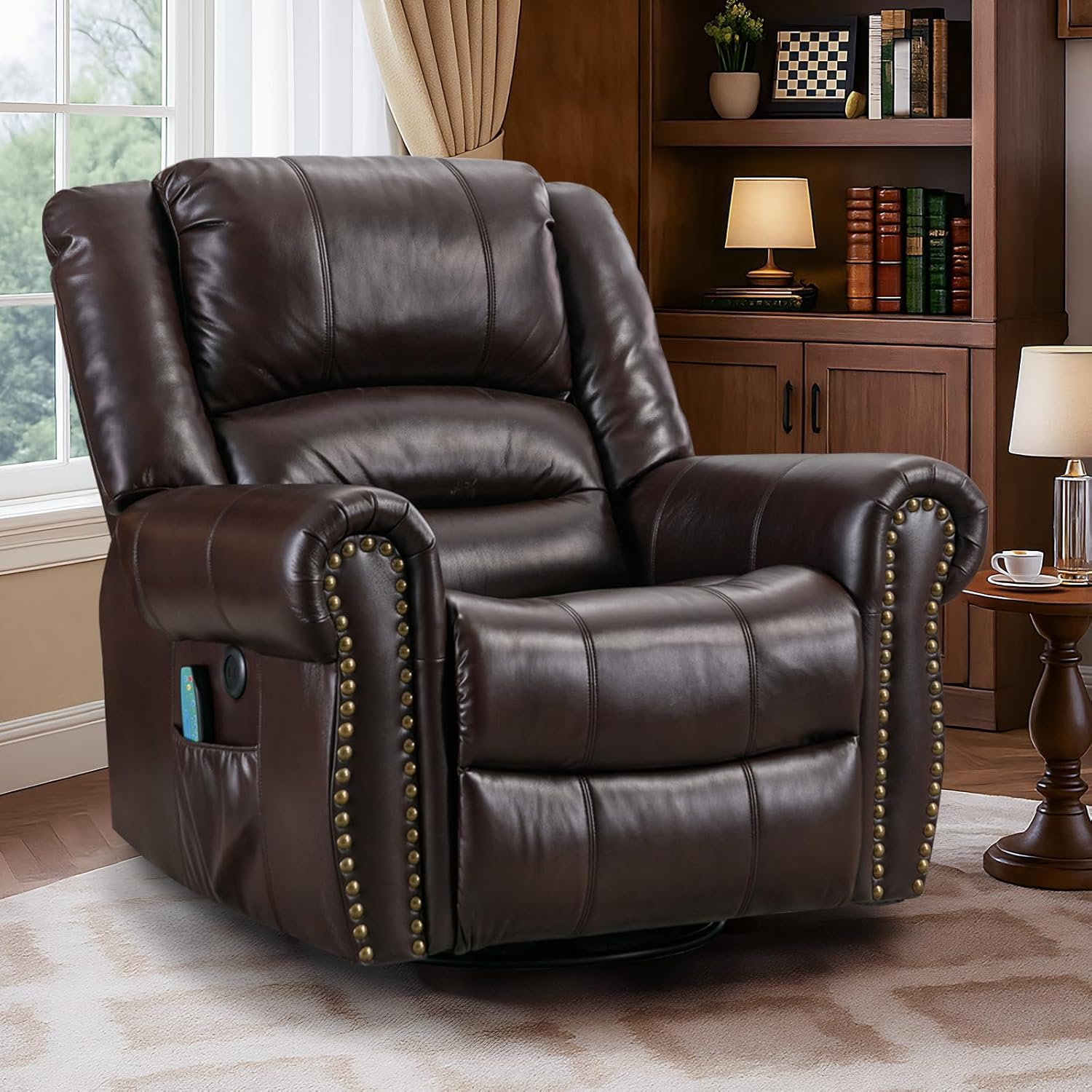 VIVIJASON Manual Rocker Recliner Chair, 360° Swivel Glider Rocking Chair with Heat & Vibration Massage, Faux Leather Reclining Chair with Remote Control, Side Pockets & USB Ports for Living Room
