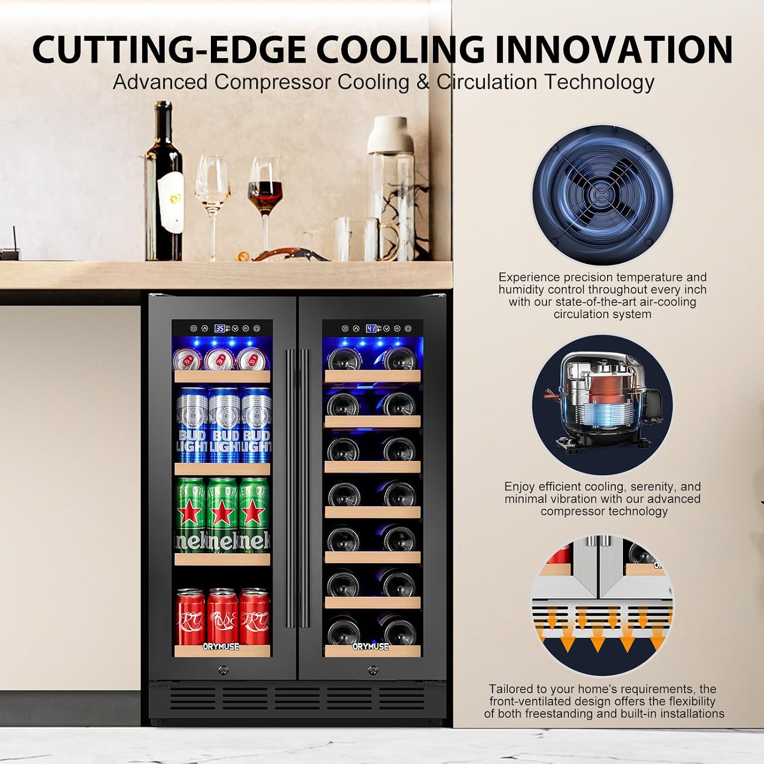 24' Dual Zone Wine & Beverage Refrigerator – Under Counter Cooler with Upgraded Cooling & Blue LED Light, Hold 20 Bottles and 88 Cans Large Capacity Wine Fridge, Built-In or Freestanding – Black