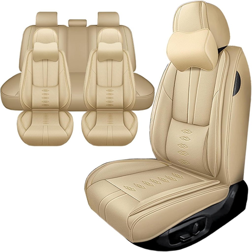 Car Seat Covers for Journey,for Dodge Journey 2009-2020,Leather Full Set Seat Covers,Airbag-Compatible Car Seat Protectors,Waterproof Seat Cover for Cars(Beige,5PCS/with Pillows)