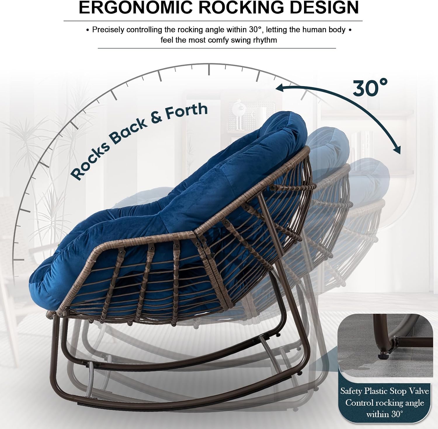 Outdoor Rocking Chair,Patio Oversized Rattan Egg Chair,Indoor Outside Padded Cushion Rocker Recliner Chair,Modern Lounge Chair for Front Porch,Garden,Backyard,Balcony,Deck,Navy Blue,Set of 1