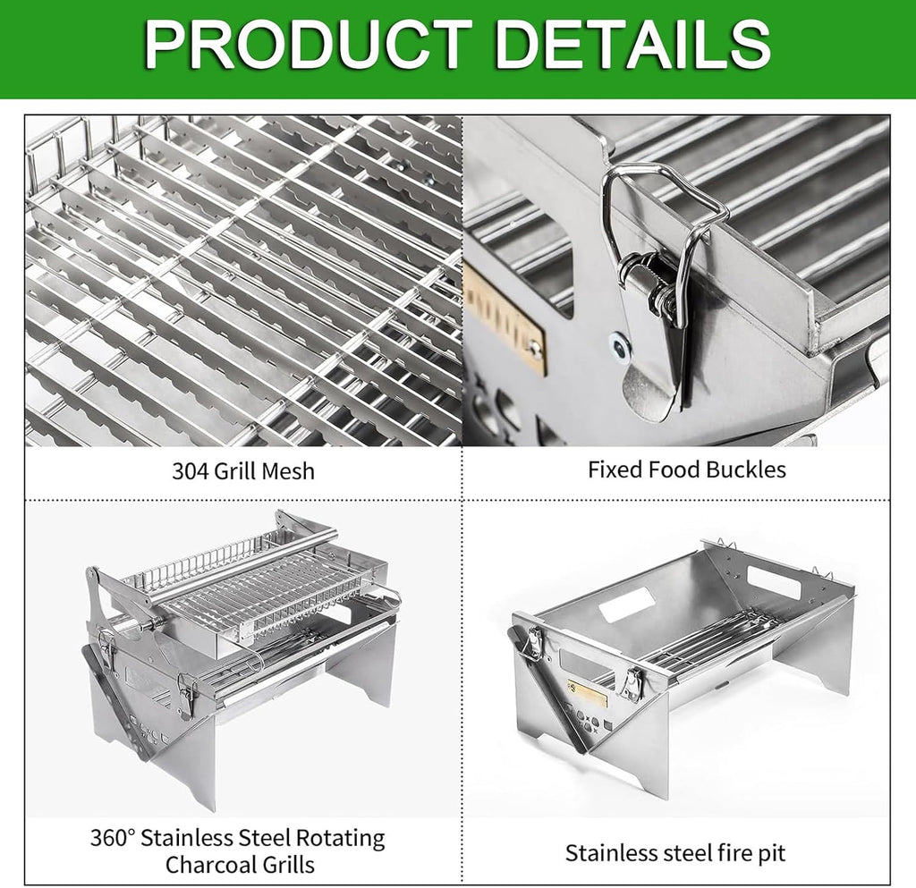 Outdoor Barbecue Grill Portable BBQ Grill, Stainless Steel Charcoal Grill Foldable BBQ Smoker, 180°*2 Double-sided Flipping, for Picnic, Terrace, Camping