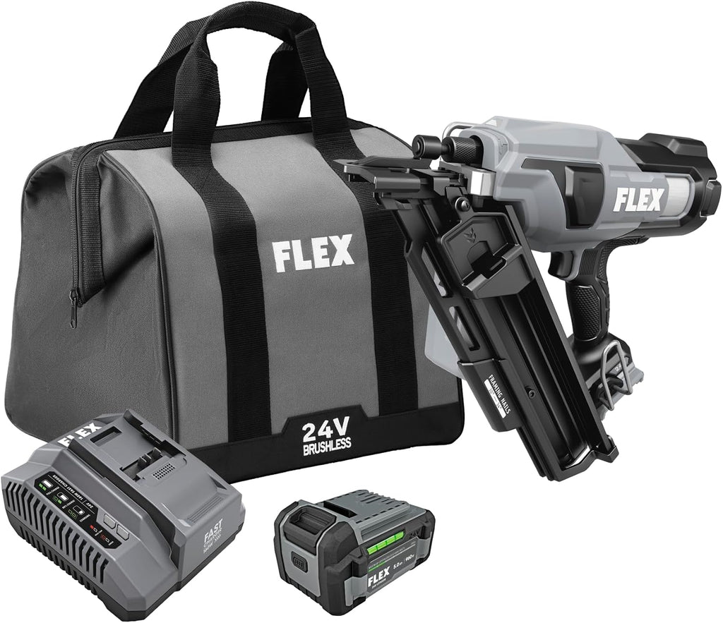 FLEX 24V Brushless 30° Framing Nailer Kit, Zero Ramp-up Time, 3 Nails/Sec, Ideal for Framing, Sheathing and Decking, w/ 5.0Ah Lithium Battery & 160W Fast Charger - FX4351B-1C