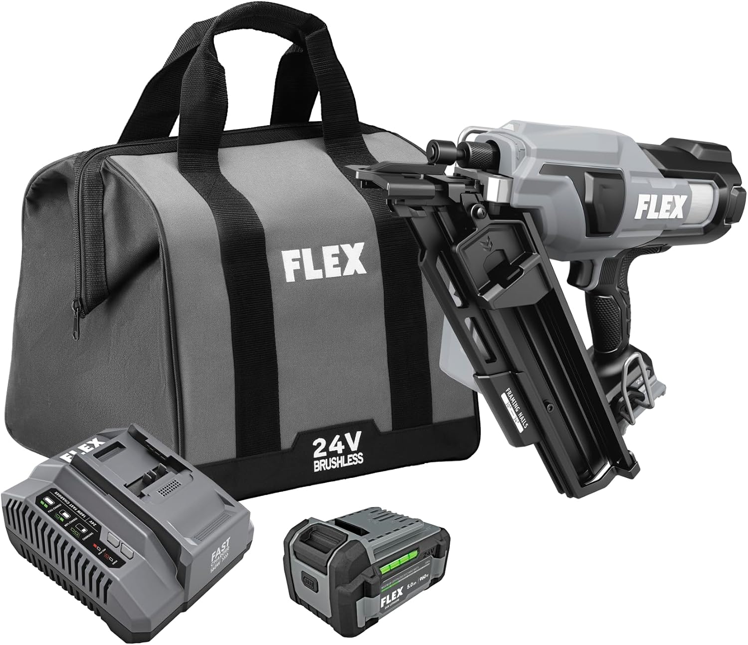 FLEX 24V Brushless 30° Framing Nailer Kit, Zero Ramp-up Time, 3 Nails/Sec, Ideal for Framing, Sheathing and Decking, w/ 5.0Ah Lithium Battery & 160W Fast Charger - FX4351B-1C