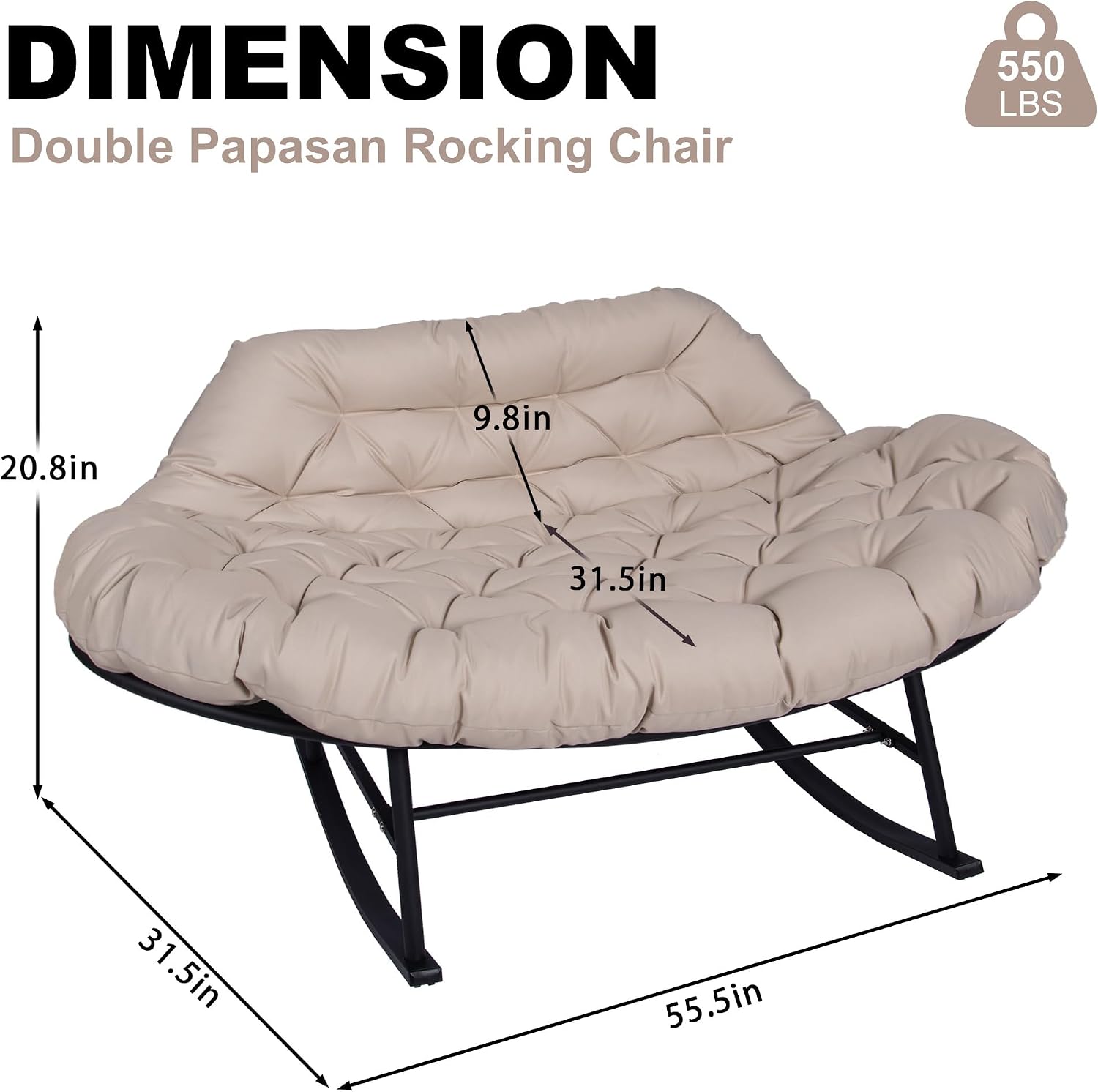 Double Outdoor Rocking Papasan Chair, 2-Person Oversized Loveseat Rocker, Thickened Soft Cushion & Rattan Wicker Frame, for Patio, Garden, Balcony Relaxation (Waterproof Fabric,Beige)