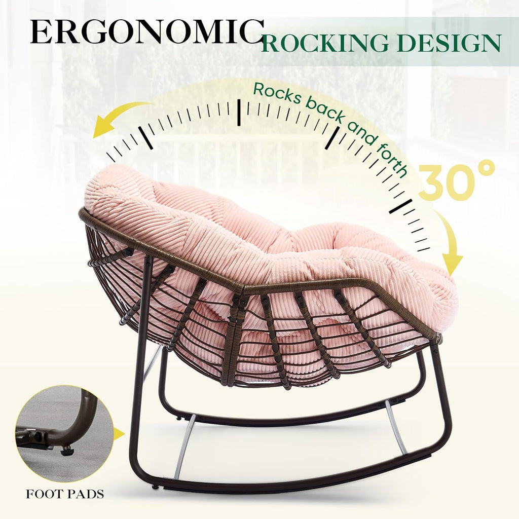 Deolme Large Papasan Rocking Chair with Cushion, Oversized Comfy Reading Lounging Indoor Outdoor Rocker for Front Porch Backyard Bedroom Living Room Egg Chair Rattan (Pink)