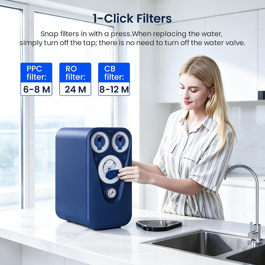 GLACIER FRESH GFU03 Reverse Osmosis System 800 GPD, No Electric/Noise, 3:1 Pure to Drain, 5-Stage Tankless Under-Sink Water Filter System, Filtration Accuracy 0.0001μm, for Any Under-Sink Setting
