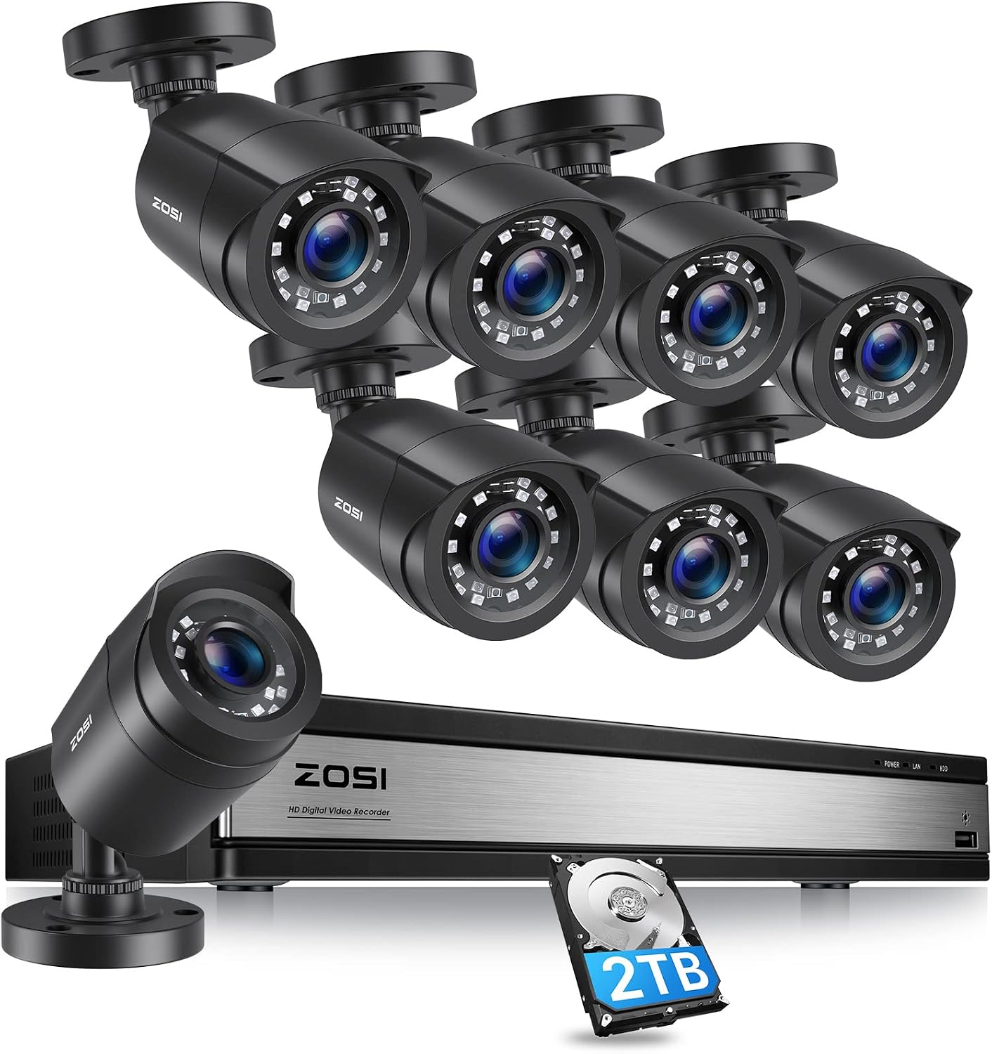 ZOSI H.265+ 1080p 16 Channel Security Camera System with AI Human Vehicle Detect, 16CH DVR with 2TB HDD and 8 x 2MP Weatherproof Surveillance CCTV Bullet Camera Outdoor, Night Vision, Remote Access