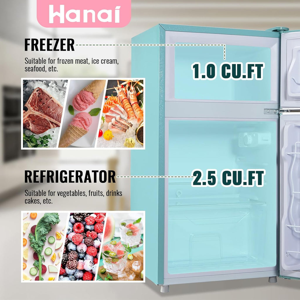 WANAI 3.5 Cu.ft Refrigerators Full-sized Fridge with Freezer Handles Blue Fridge Dual Door Classic Retro Refrigerator Removable Glass Shelves Adjustable Thermostat for Home Office Dorm RV