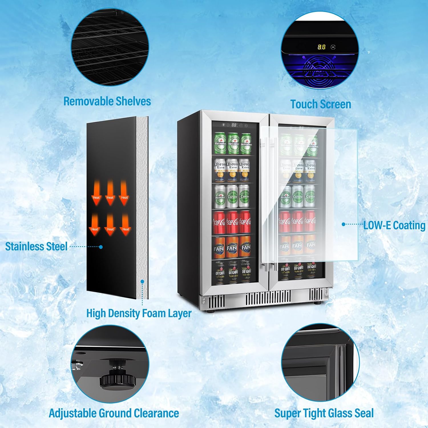Stopasd Beverage Refrigerator, Dual Zone Beverage Cooler with Clear View Door, 21 Bottles and 88 Cans Large Capacity, Freestanding Drink Fridge with Adjustable Shelves & LED Light for Beer, Soda