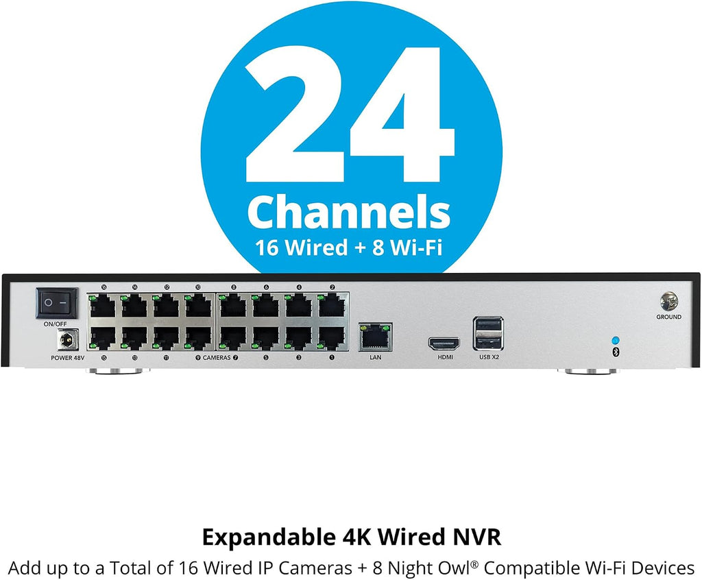 Night Owl Power Over Ethernet 24 Channel NVR Video Home Security Camera System with 4TB Hard Drive (Add up to 16 Wired IP and 8 Wi-Fi Cameras)