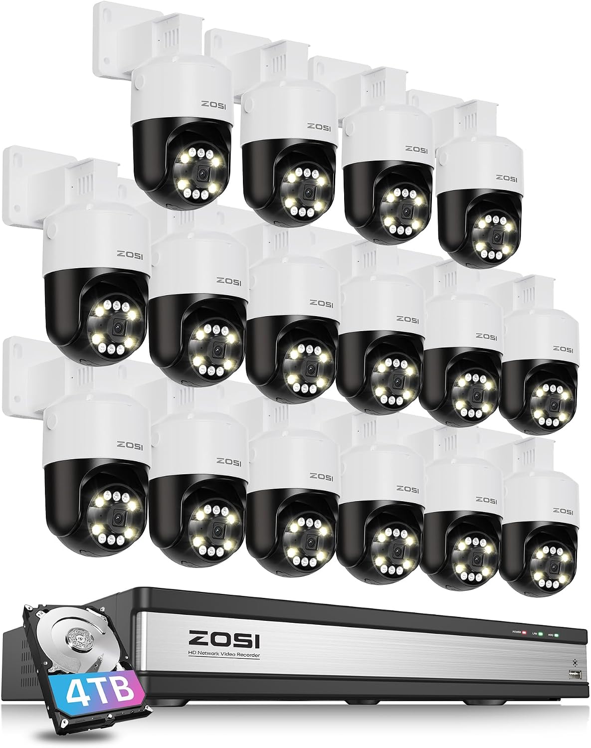 ZOSI 16CH 4K 8MP PoE Security Camera System with AI Face Person Vehicle Detection, 16 x 5MP 3K Outdoor Auto Tracking PT PoE IP Camera with 5X Digital Zoom, 2-Way Audio, 4TB HDD for 24/7 Recording