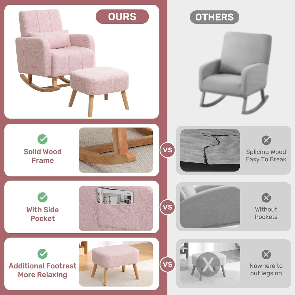 HCHAIRH Rocking Chair with Ottoman, Upholstered Glider Rocker Armchair with High Backrest and Side Pocket, Comfy Reading Chair with Solid Wood Legs for Nursery, Living Room,Bedroom, Pink