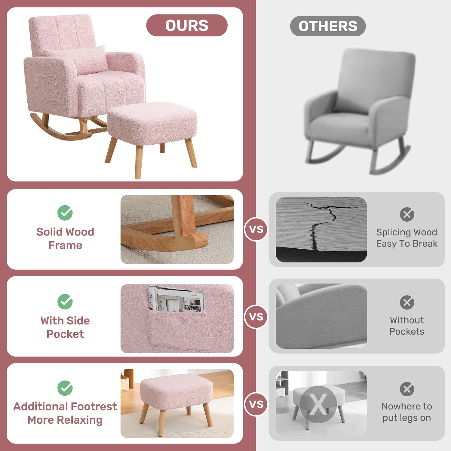 HCHAIRH Rocking Chair with Ottoman, Upholstered Glider Rocker Armchair with High Backrest and Side Pocket, Comfy Reading Chair with Solid Wood Legs for Nursery, Living Room,Bedroom, Pink