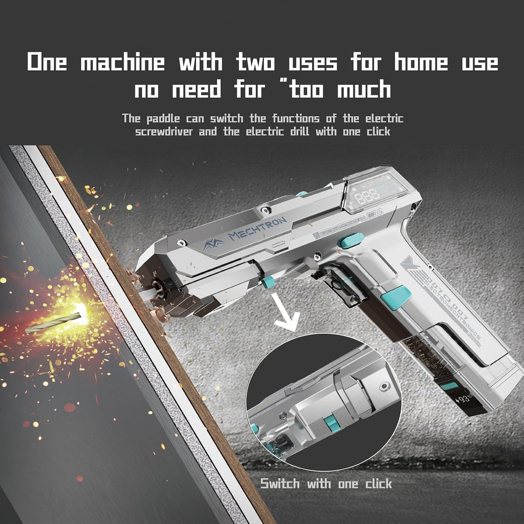 Cyberpunk Gun-Shaped AI Smart 8V Dual-Speed Hammer Drill, Cool Gadget Gifts for Men, Boyfriend, Husband, Dad, Boss, Gamers, Tech Lovers (Silver, 8-Piece Accessory Kit)