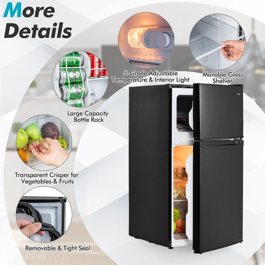 COSTWAY Compact Refrigerator, 3.2 Cu.Ft. Fridge Freezer Compartment with Reversible 2 Door, Adjustable Thermostat, Removable Glass Shelves, Mini Refrigerator for Bedroom Dorm Apartment, Black